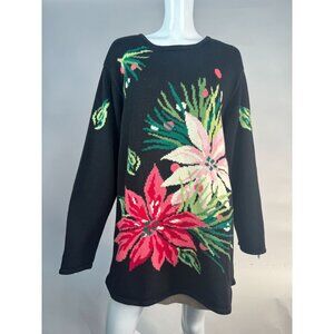 Belle Isle  Poinsettia Holiday Sweater  1X Black   Cotton Blend